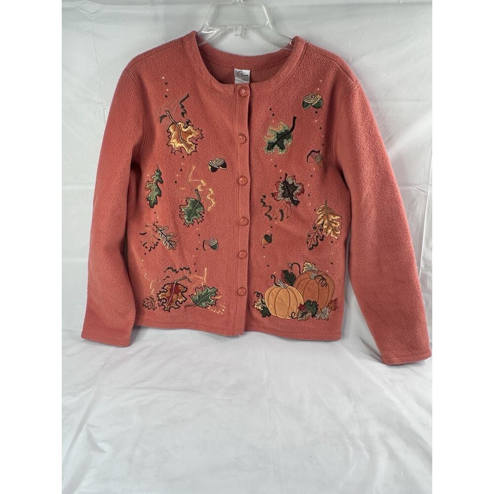Fleece Button Embroidered Cardigan Cottagecore Autumn Fall Pumpkins Size S